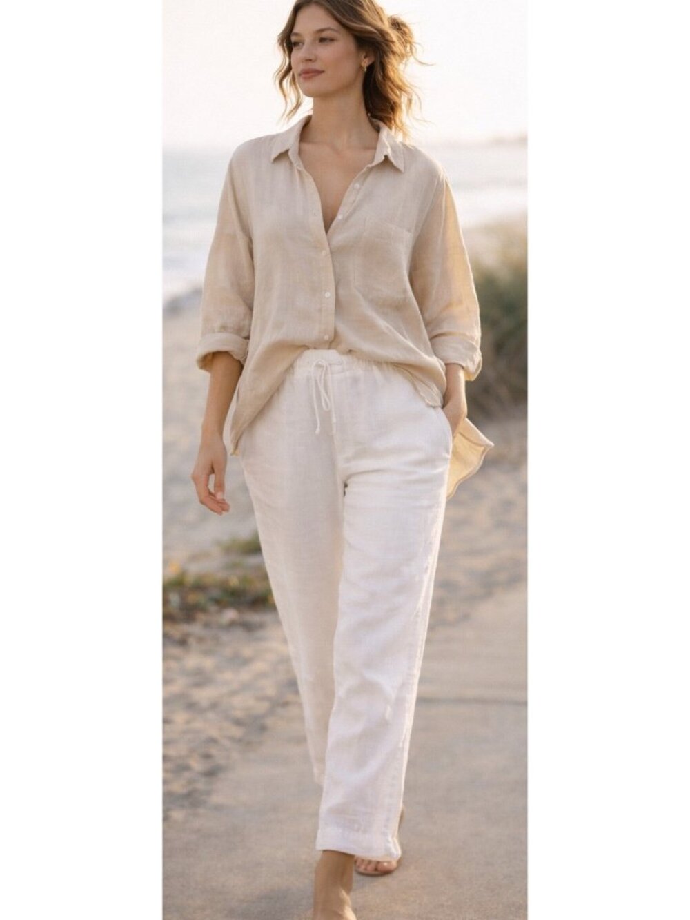 Charter Club Linen Pants White Pull On Drawstring Elastic Waist L Coastal Resort